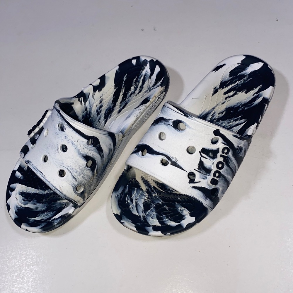 Crocs Classic Marble Black White Slide‎ Sandals Unisex Slip On Comfort